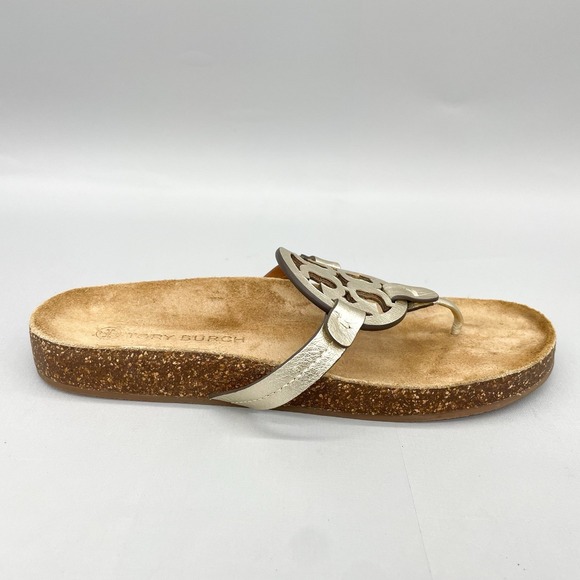 Tory Burch Women 10M Miller Cloud Sandals Gold Leather Cork Thong Flip Flop Logo - Picture 2 of 11